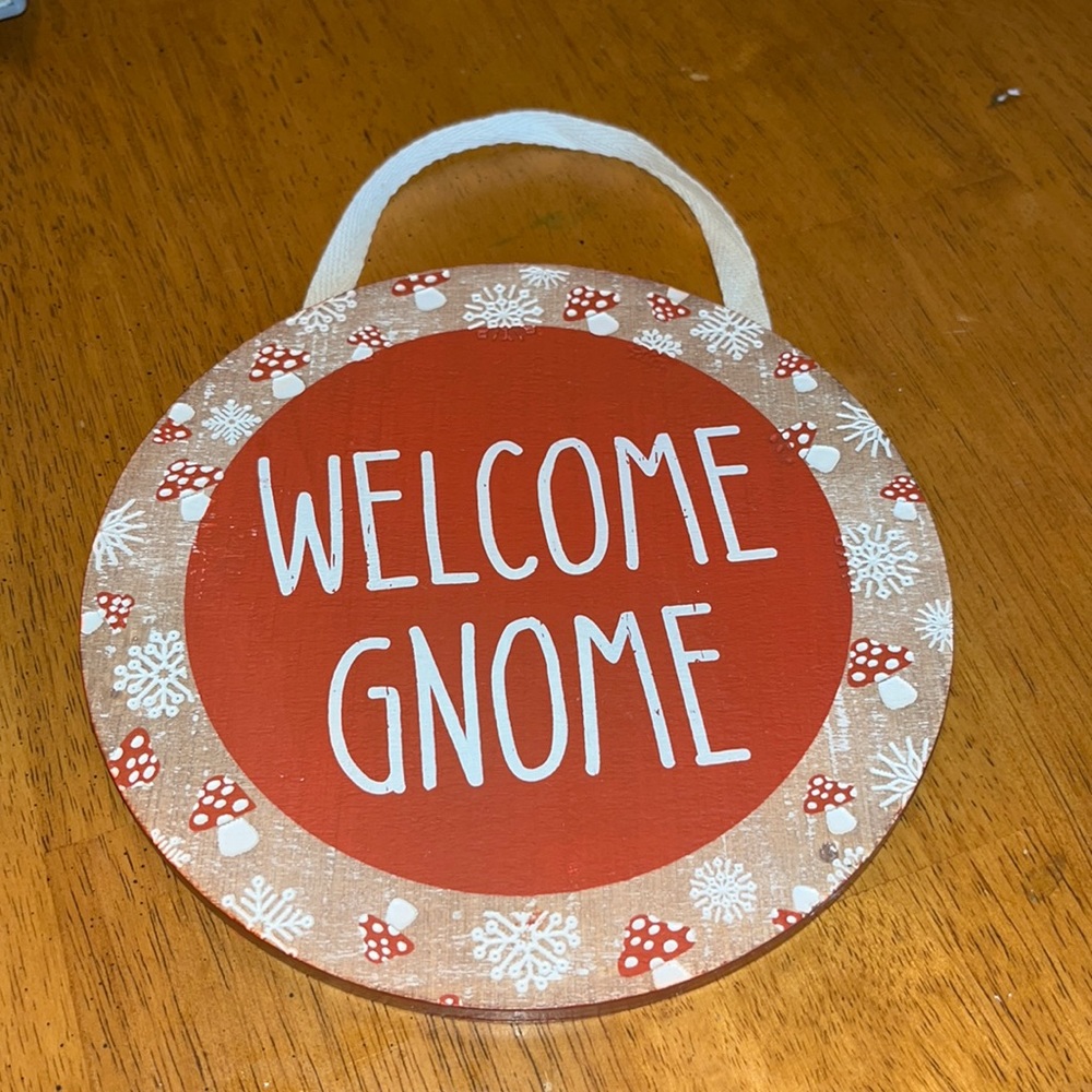 Welcome Gnome hanging wooden sign—burnt orange, white, tan colors